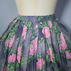 50s PINK ROSE AND SPIDER WEB -ESQUE PRINT GREY FULL SKIRT - 33"