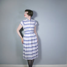 Load image into Gallery viewer, 40s BLUE WHITE AND GREY TEA / SHIRT DRESS WITH SCALLOP PRINT - S