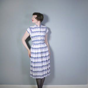 40s BLUE WHITE AND GREY TEA / SHIRT DRESS WITH SCALLOP PRINT - S