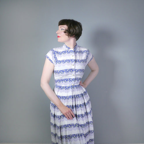 40s BLUE WHITE AND GREY TEA / SHIRT DRESS WITH SCALLOP PRINT - S