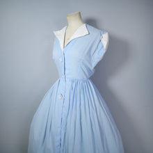 Load image into Gallery viewer, 50s PASTEL BLUE TINY POLKA DOT FULL SKIRTED DRESS WITH BIG BUTTONS - XS / PETITE