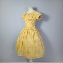 Load image into Gallery viewer, PASTEL YELLOW-ORANGE 50s 60s FLORAL DRESS WISH GATHERED SHELF BUST AND FULL SKIRT - XS