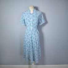 Load image into Gallery viewer, 40s BLUE SHIRT DRESS WITH BLACK AND WHITE FLORAL PRINT AND BELT - S