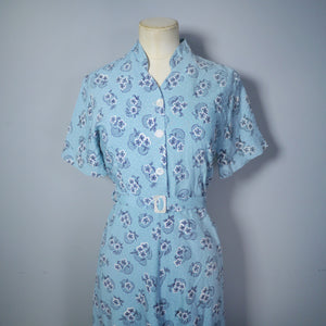 40s BLUE SHIRT DRESS WITH BLACK AND WHITE FLORAL PRINT AND BELT - S