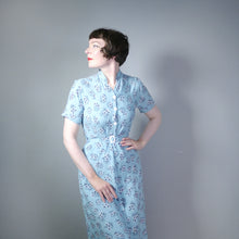 Load image into Gallery viewer, 40s BLUE SHIRT DRESS WITH BLACK AND WHITE FLORAL PRINT AND BELT - S