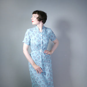 40s BLUE SHIRT DRESS WITH BLACK AND WHITE FLORAL PRINT AND BELT - S