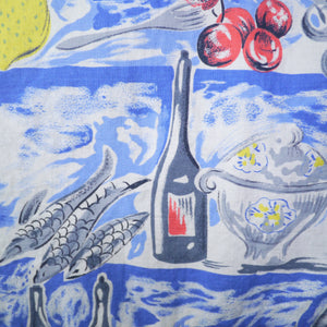 50s NOVELTY SKIRT IN BANQUET FOOD PRINT WITH WINE, FRUIT AND VEGETABLES - 24"