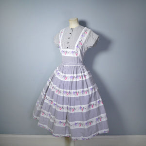 STRIPED FLORAL BLACK AND WHITE 50s COTTON DAY DRESS - S