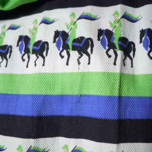 50s NOVELTY HORSE RIDER BLUE AND GREEN STRIPE 50S SUN DRESS - S