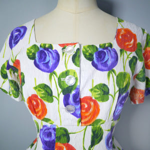 50s 60s PURPLE AND ORANGE FLORAL FIT AND FLARE COTTON DRESS - VOLUP / L