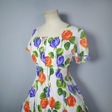 Load image into Gallery viewer, 50s 60s PURPLE AND ORANGE FLORAL FIT AND FLARE COTTON DRESS - VOLUP / L