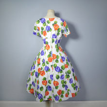 Load image into Gallery viewer, 50s 60s PURPLE AND ORANGE FLORAL FIT AND FLARE COTTON DRESS - VOLUP / L