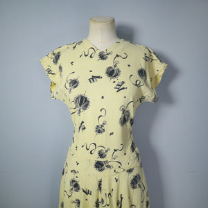 40s BLACK AND YELLOW NOVELTY LADY AND MUSIC SCROLL PRINT DRESS - XS