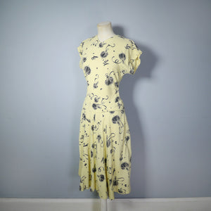 40s BLACK AND YELLOW NOVELTY LADY AND MUSIC SCROLL PRINT DRESS - XS