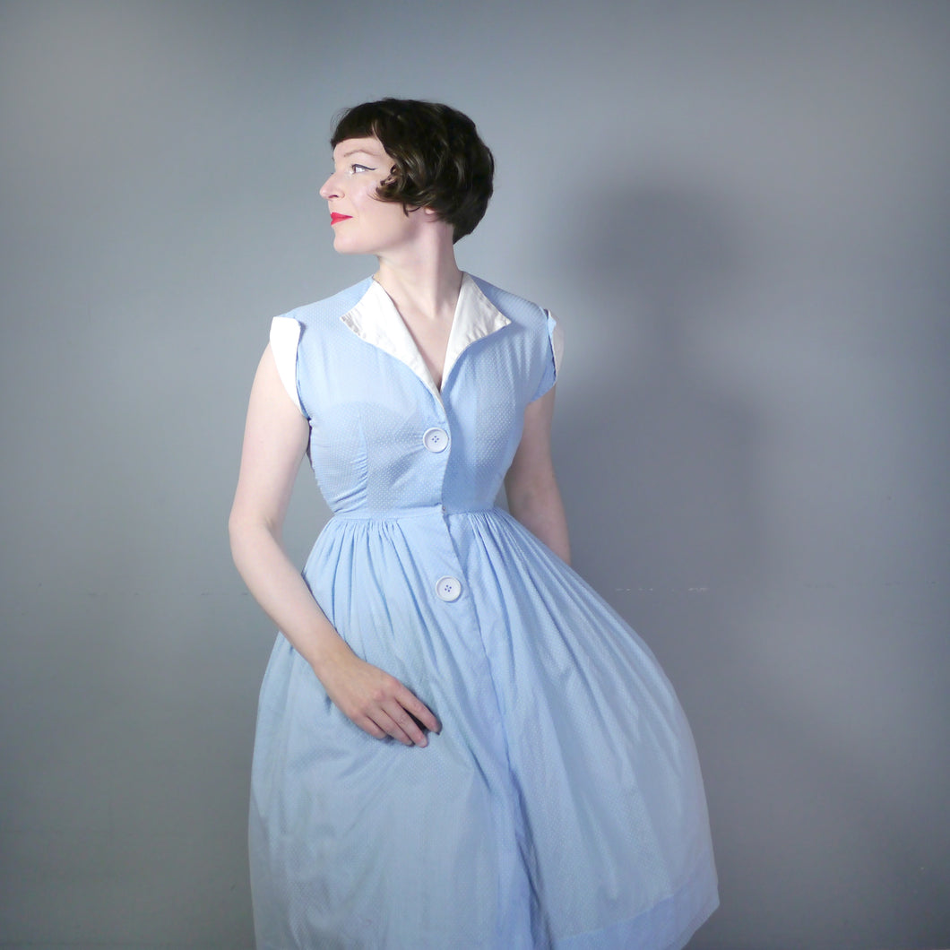 50s PASTEL BLUE TINY POLKA DOT FULL SKIRTED DRESS WITH BIG BUTTONS - XS / PETITE