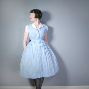 50s PASTEL BLUE TINY POLKA DOT FULL SKIRTED DRESS WITH BIG BUTTONS - XS / PETITE
