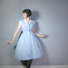 Load image into Gallery viewer, 50s PASTEL BLUE TINY POLKA DOT FULL SKIRTED DRESS WITH BIG BUTTONS - XS / PETITE