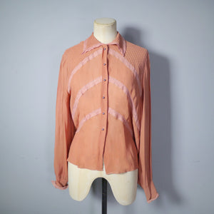 RUST COLOURED SHEER 40s SHIRT / BLOUSE WITH LATTICE STITCHING AND LACE TRIMS - S