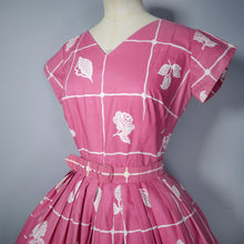 Load image into Gallery viewer, PINK AND WHITE STENCIL FLOWER PRINT COTTON FULL SKIRT DRESS WITH BELT - S