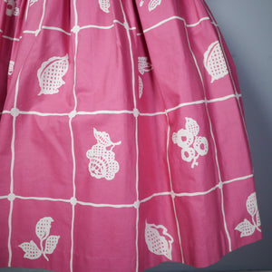 PINK AND WHITE STENCIL FLOWER PRINT COTTON FULL SKIRT DRESS WITH BELT - S