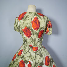 Load image into Gallery viewer, 50s GREEN AND RED FLORAL TULIP PRINT DRESS WITH STIFFENED FULL SKIRT - S