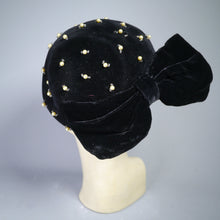 Load image into Gallery viewer, BLACK VELVET 50s HAT / SKULL CAP WITH PEARL AND BEAD EMBELLISMENT AND HUGE BOW