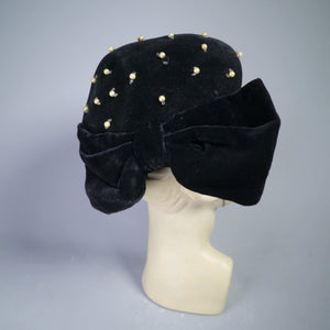 BLACK VELVET 50s HAT / SKULL CAP WITH PEARL AND BEAD EMBELLISMENT AND HUGE BOW