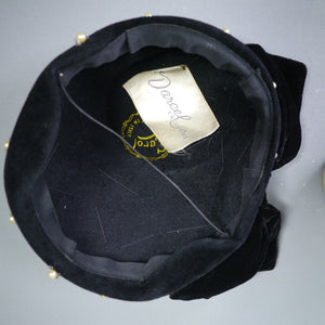 BLACK VELVET 50s HAT / SKULL CAP WITH PEARL AND BEAD EMBELLISMENT AND HUGE BOW