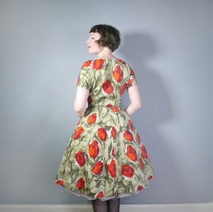 50s GREEN AND RED FLORAL TULIP PRINT DRESS WITH STIFFENED FULL SKIRT - S