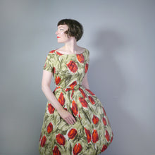 Load image into Gallery viewer, 50s GREEN AND RED FLORAL TULIP PRINT DRESS WITH STIFFENED FULL SKIRT - S