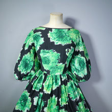 Load image into Gallery viewer, 50s 60s GREEN AND BLACK FLORAL PRINT DRESS WITH CUTE BALLOON SLEEVE - S