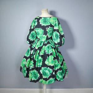 50s 60s GREEN AND BLACK FLORAL PRINT DRESS WITH CUTE BALLOON SLEEVE - S