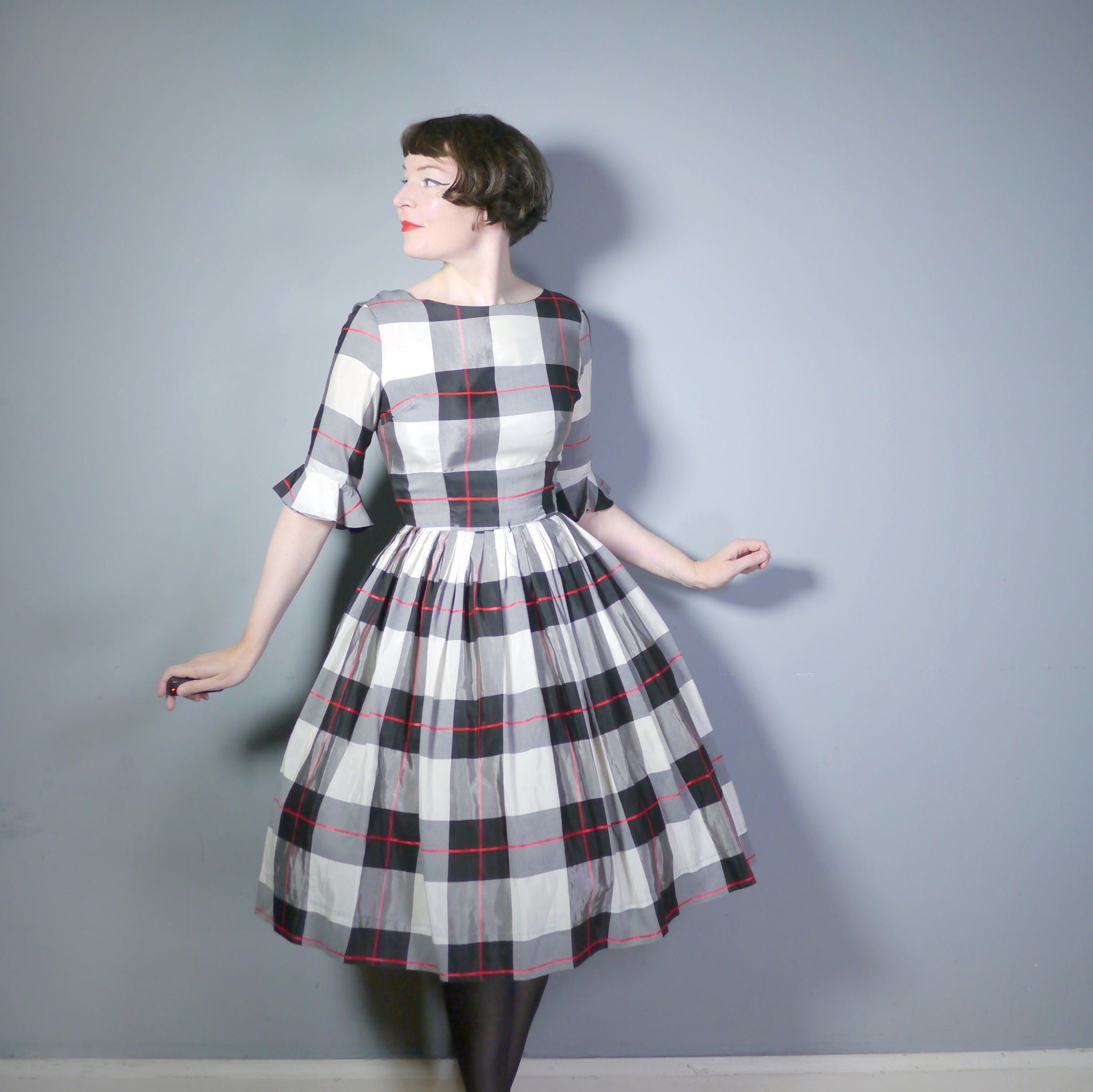 Grey plaid skirt top 50s