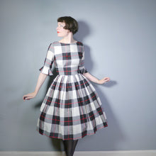 Load image into Gallery viewer, 50s TEENA PAIGE WINTERY PLAID TAFFETA DRESS WITH FULL SKIRT AND FLARED CUFF - S