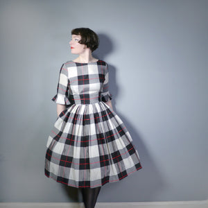 50s TEENA PAIGE WINTERY PLAID TAFFETA DRESS WITH FULL SKIRT AND FLARED CUFF - S
