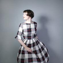 Load image into Gallery viewer, 50s TEENA PAIGE WINTERY PLAID TAFFETA DRESS WITH FULL SKIRT AND FLARED CUFF - S