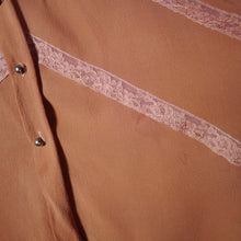 Load image into Gallery viewer, RUST COLOURED SHEER 40s SHIRT / BLOUSE WITH LATTICE STITCHING AND LACE TRIMS - S