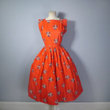 Load image into Gallery viewer, 50s RED FLORAL AND GEOMETRIC PRINT FULL SKIRTED COTTON DAY DRESS - S