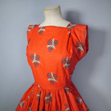 Load image into Gallery viewer, 50s RED FLORAL AND GEOMETRIC PRINT FULL SKIRTED COTTON DAY DRESS - S
