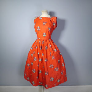 50s RED FLORAL AND GEOMETRIC PRINT FULL SKIRTED COTTON DAY DRESS - S