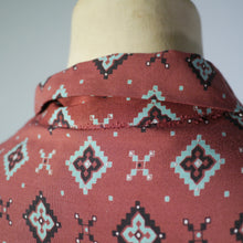 Load image into Gallery viewer, AUTUMNAL BROWN 50s ST MICHAEL GEOMETRIC PRINT SHIRTWAISTER DAY DRESS - XS