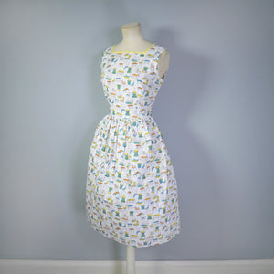 50s NOVELTY CHAIR / FURNITURE PRINT COTTON DAY DRESS - S