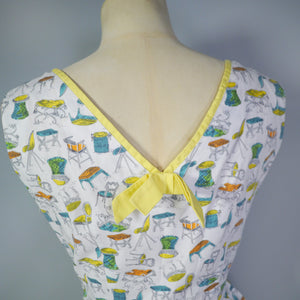 50s NOVELTY CHAIR / FURNITURE PRINT COTTON DAY DRESS - S