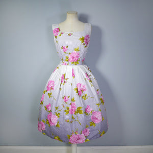 50s BLUE WHITE GRADIATED POLKA DOT PRINT COTTON DRESS WITH BIG PINK FLOWERS - XS