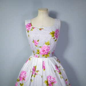 50s BLUE WHITE GRADIATED POLKA DOT PRINT COTTON DRESS WITH BIG PINK FLOWERS - XS