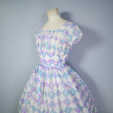 Load image into Gallery viewer, 50s 60s SEMI SHEER NYLON DRESS IN PURPLE AND BLUE DIAMOND PRINT - XS