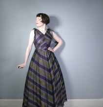 Load image into Gallery viewer, 50s 60s FLOOR LENGTH METALLIC CHEVRON GOLD STRIPE PARTY DRESS - S