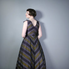 Load image into Gallery viewer, 50s 60s FLOOR LENGTH METALLIC CHEVRON GOLD STRIPE PARTY DRESS - S