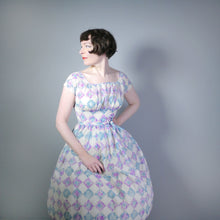 Load image into Gallery viewer, 50s 60s SEMI SHEER NYLON DRESS IN PURPLE AND BLUE DIAMOND PRINT - XS