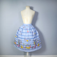 Load image into Gallery viewer, 50s BLUE STRIPED NOVELTY COTTON FULL SKIRT WITH HORSE AND CARRIAGE BORDER PRINT - 30&quot;